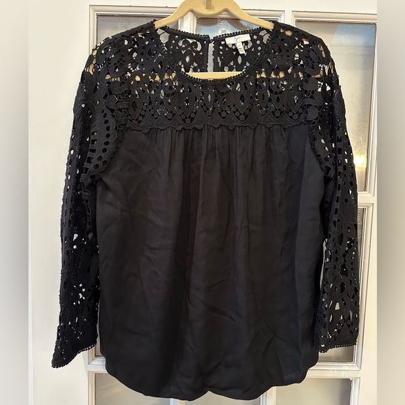 Joie Lindy Top Crochet Lace 3/4 Sleeve Relaxed Baby Doll Blouse Black Size Med M - Picture 3 of 10